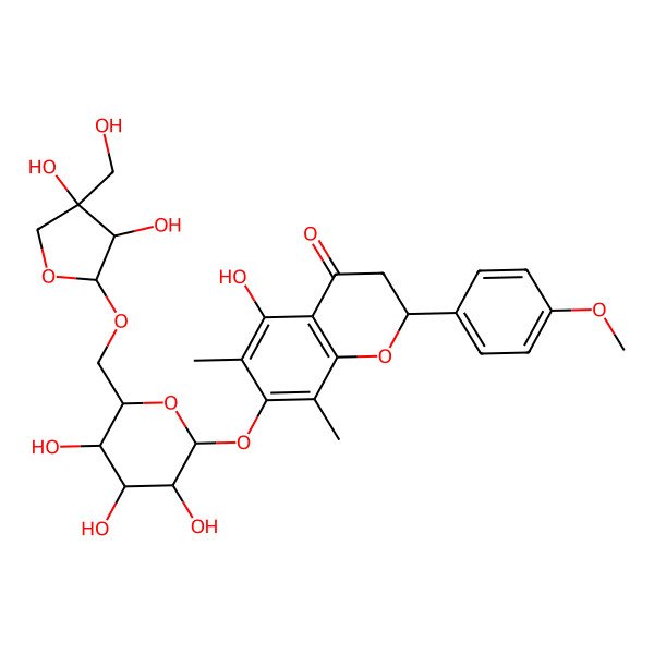 2D Structure of (2S)-7-[(2S,3R,4S,5S,6R)-6-[[(2R,3R,4R)-3,4-dihydroxy-4-(hydroxymethyl)oxolan-2-yl]oxymethyl]-3,4,5-trihydroxyoxan-2-yl]oxy-5-hydroxy-2-(4-methoxyphenyl)-6,8-dimethyl-2,3-dihydrochromen-4-one