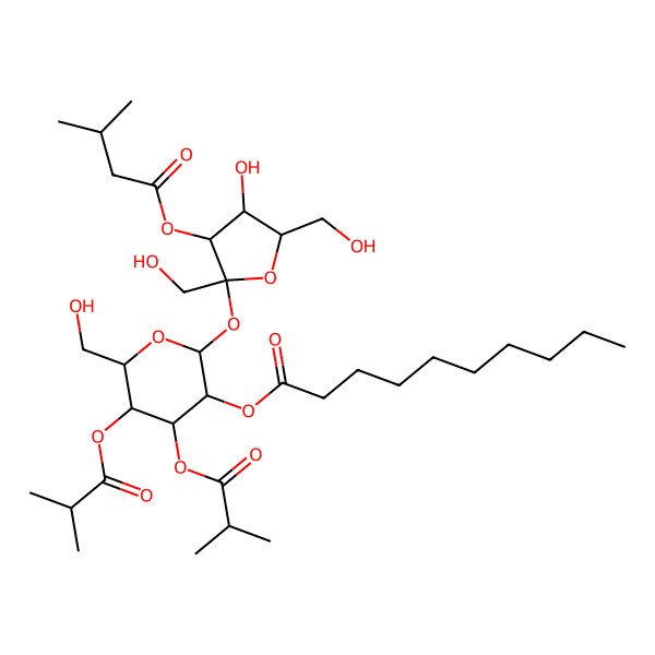 2D Structure of [(2R,3R,4S,5R,6R)-2-[(2S,3R,4S,5S)-4-hydroxy-2,5-bis(hydroxymethyl)-3-(3-methylbutanoyloxy)oxolan-2-yl]oxy-6-(hydroxymethyl)-4,5-bis(2-methylpropanoyloxy)oxan-3-yl] decanoate