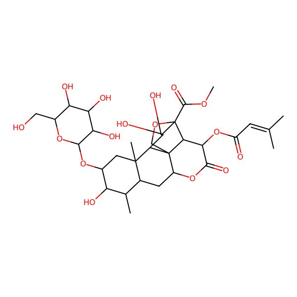 2D Structure of Methyl 10,15,16-trihydroxy-9,13-dimethyl-3-(3-methylbut-2-enoyloxy)-4-oxo-11-[3,4,5-trihydroxy-6-(hydroxymethyl)oxan-2-yl]oxy-5,18-dioxapentacyclo[12.5.0.01,6.02,17.08,13]nonadecane-17-carboxylate