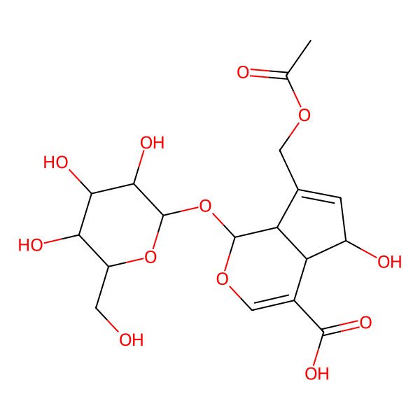 2D Structure of 7-(Acetyloxymethyl)-5-hydroxy-1-[3,4,5-trihydroxy-6-(hydroxymethyl)oxan-2-yl]oxy-1,4a,5,7a-tetrahydrocyclopenta[c]pyran-4-carboxylic acid