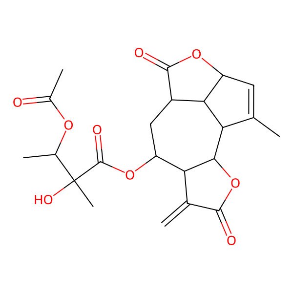 2D Structure of (14-Methyl-5-methylidene-4,10-dioxo-3,11-dioxatetracyclo[7.5.1.02,6.012,15]pentadec-13-en-7-yl) 3-acetyloxy-2-hydroxy-2-methylbutanoate