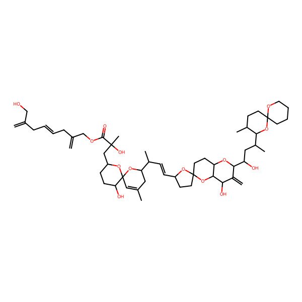 2D Structure of [7-(hydroxymethyl)-2-methylideneocta-4,7-dienyl] 2-hydroxy-3-[11-hydroxy-2-[4-[4-hydroxy-2-[1-hydroxy-3-(3-methyl-1,7-dioxaspiro[5.5]undecan-2-yl)butyl]-3-methylidenespiro[4a,7,8,8a-tetrahydro-4H-pyrano[3,2-b]pyran-6,5'-oxolane]-2'-yl]but-3-en-2-yl]-4-methyl-1,7-dioxaspiro[5.5]undec-4-en-8-yl]-2-methylpropanoate