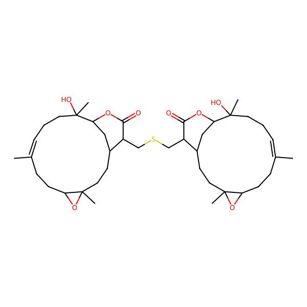 2D Structure of (1R,4S,6S,9E,13S,14R,17S)-13-hydroxy-17-[[(1R,4S,6S,9E,13S,14R,17S)-13-hydroxy-4,9,13-trimethyl-16-oxo-5,15-dioxatricyclo[12.3.1.04,6]octadec-9-en-17-yl]methylsulfanylmethyl]-4,9,13-trimethyl-5,15-dioxatricyclo[12.3.1.04,6]octadec-9-en-16-one