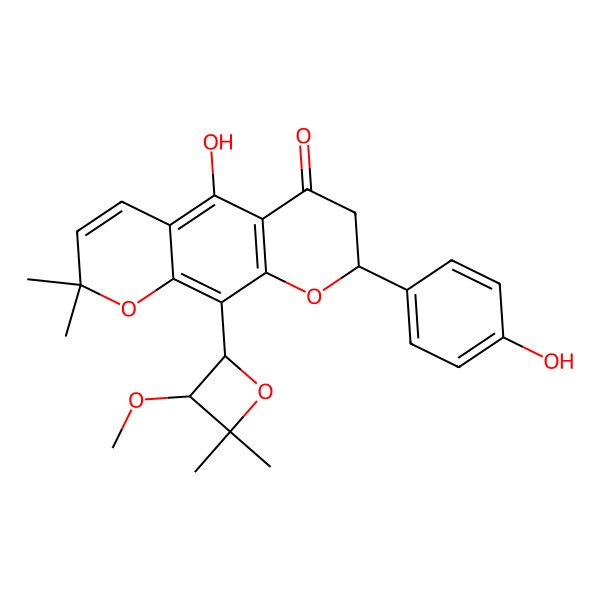 2D Structure of (8S)-5-hydroxy-8-(4-hydroxyphenyl)-10-[(2S,3R)-3-methoxy-4,4-dimethyloxetan-2-yl]-2,2-dimethyl-7,8-dihydropyrano[3,2-g]chromen-6-one