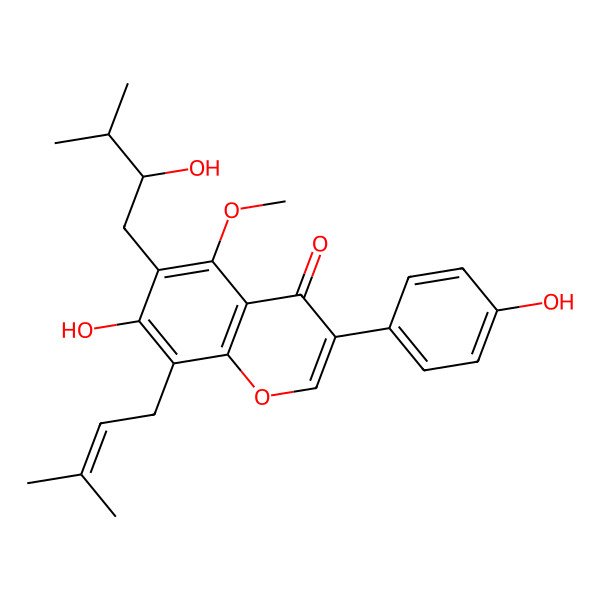 2D Structure of 7-hydroxy-6-[(2S)-2-hydroxy-3-methylbutyl]-3-(4-hydroxyphenyl)-5-methoxy-8-(3-methylbut-2-enyl)chromen-4-one