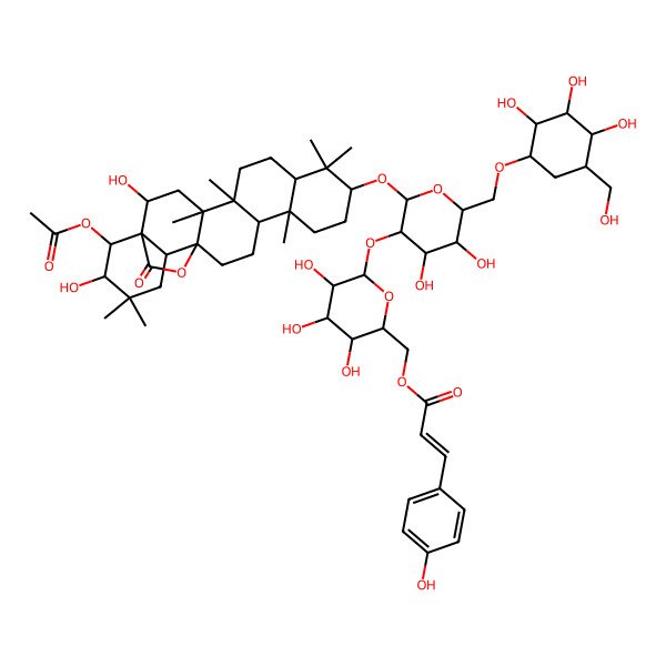2D Structure of [6-[2-[(22-Acetyloxy-2,21-dihydroxy-4,5,9,9,13,20,20-heptamethyl-23-oxo-24-oxahexacyclo[15.5.2.01,18.04,17.05,14.08,13]tetracosan-10-yl)oxy]-4,5-dihydroxy-6-[[2,3,4-trihydroxy-5-(hydroxymethyl)cyclohexyl]oxymethyl]oxan-3-yl]oxy-3,4,5-trihydroxyoxan-2-yl]methyl 3-(4-hydroxyphenyl)prop-2-enoate