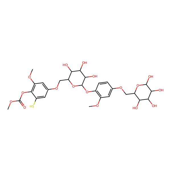 2D Structure of [2-Methoxy-6-sulfanyl-4-[[3,4,5-trihydroxy-6-[2-methoxy-4-[(3,4,5,6-tetrahydroxyoxan-2-yl)methoxy]phenoxy]oxan-2-yl]methoxy]phenyl] methyl carbonate