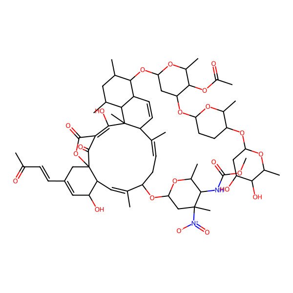 2D Structure of [6-[[5,23-Dihydroxy-9-[5-(methoxycarbonylamino)-4,6-dimethyl-4-nitrooxan-2-yl]oxy-8,12,18,20,22-pentamethyl-25,27-dioxo-3-(3-oxobut-1-enyl)-26-oxapentacyclo[22.2.1.01,6.013,22.016,21]heptacosa-3,7,11,14,23-pentaen-17-yl]oxy]-4-[5-(4,5-dihydroxy-6-methyloxan-2-yl)oxy-6-methyloxan-2-yl]oxy-2-methyloxan-3-yl] acetate