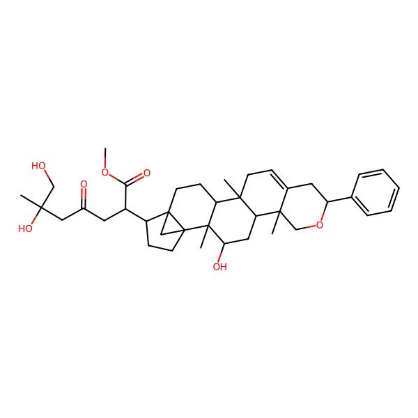 2D Structure of methyl 6,7-dihydroxy-2-[(1S,2R,3R,5R,6R,9S,14S,15R,18R)-3-hydroxy-2,6,14-trimethyl-9-phenyl-8-oxahexacyclo[16.3.1.01,18.02,15.05,14.06,11]docos-11-en-19-yl]-6-methyl-4-oxoheptanoate