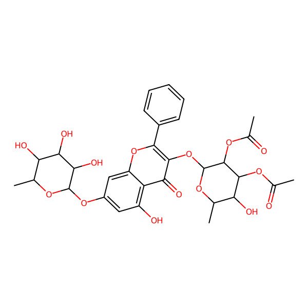 2D Structure of [(2S,3R,4R,5S,6S)-3-acetyloxy-5-hydroxy-2-[5-hydroxy-4-oxo-2-phenyl-7-[(2S,3R,4R,5R,6S)-3,4,5-trihydroxy-6-methyloxan-2-yl]oxychromen-3-yl]oxy-6-methyloxan-4-yl] acetate