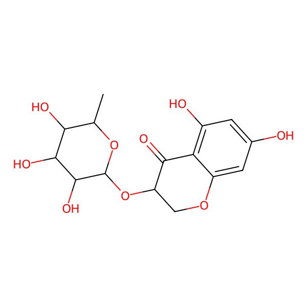 2D Structure of (3S)-5,7-dihydroxy-3-[(2S,3R,4R,5R,6S)-3,4,5-trihydroxy-6-methyloxan-2-yl]oxy-2,3-dihydrochromen-4-one