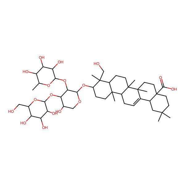 2D Structure of (4aS,6aR,6aS,6bR,8aR,9R,10R,12aR,14bS)-9-(hydroxymethyl)-10-[(2S,3R,4S,5S)-5-hydroxy-4-[(2S,3R,4S,5S,6R)-3,4,5-trihydroxy-6-(hydroxymethyl)oxan-2-yl]oxy-3-[(2S,3R,4R,5R,6S)-3,4,5-trihydroxy-6-methyloxan-2-yl]oxyoxan-2-yl]oxy-2,2,6a,6b,9,12a-hexamethyl-1,3,4,5,6,6a,7,8,8a,10,11,12,13,14b-tetradecahydropicene-4a-carboxylic acid