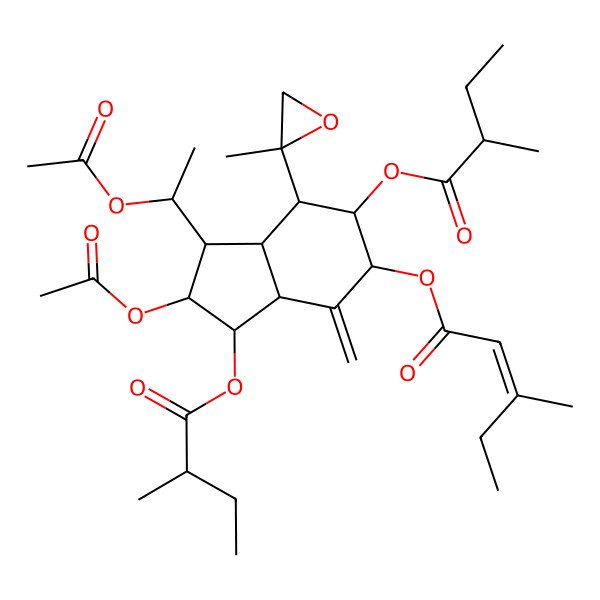 2D Structure of [(1S,2R,3S,3aR,5S,6R,7S,7aS)-2-acetyloxy-1-[(1S)-1-acetyloxyethyl]-3,6-bis[[(2R)-2-methylbutanoyl]oxy]-4-methylidene-7-[(2S)-2-methyloxiran-2-yl]-1,2,3,3a,5,6,7,7a-octahydroinden-5-yl] (E)-3-methylpent-2-enoate