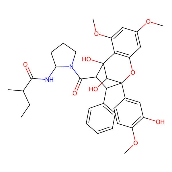 2D Structure of (2R)-N-[(2S)-1-[(1R,9R,10R,11S,12S)-1,12-dihydroxy-9-(3-hydroxy-4-methoxyphenyl)-3,5-dimethoxy-10-phenyl-8-oxatricyclo[7.2.1.02,7]dodeca-2(7),3,5-triene-11-carbonyl]pyrrolidin-2-yl]-2-methylbutanamide