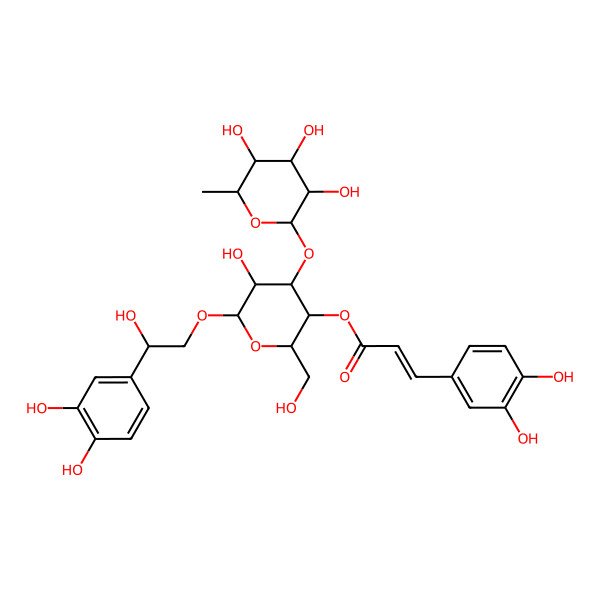 2D Structure of [(2R,3R,4S,5R,6R)-6-[(2S)-2-(3,4-dihydroxyphenyl)-2-hydroxyethoxy]-5-hydroxy-2-(hydroxymethyl)-4-[(2S,3R,4R,5R,6S)-3,4,5-trihydroxy-6-methyloxan-2-yl]oxyoxan-3-yl] (E)-3-(3,4-dihydroxyphenyl)prop-2-enoate