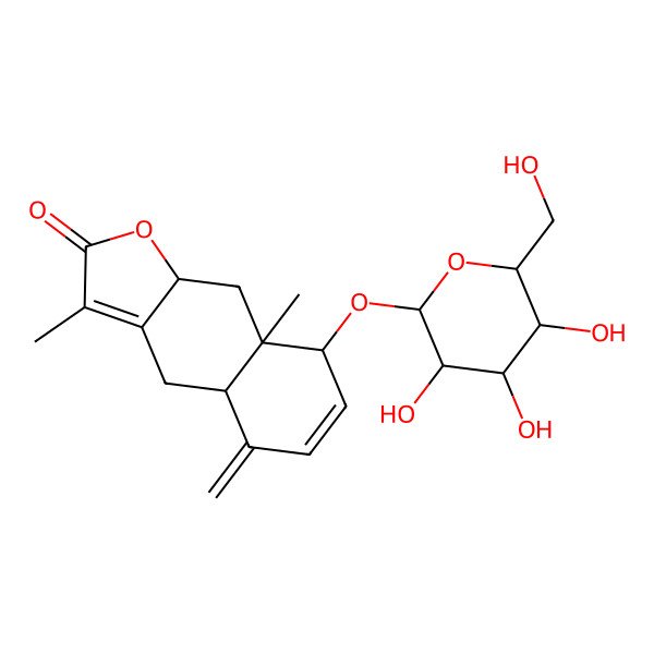 2D Structure of 3,8a-dimethyl-5-methylidene-8-[3,4,5-trihydroxy-6-(hydroxymethyl)oxan-2-yl]oxy-4a,8,9,9a-tetrahydro-4H-benzo[f][1]benzofuran-2-one
