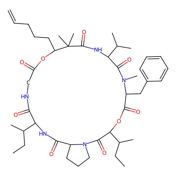 2D Structure of 6-Benzyl-3,19-di(butan-2-yl)-7,12,12-trimethyl-13-pent-4-enyl-9-propan-2-yl-4,14-dioxa-1,7,10,17,20-pentazabicyclo[20.3.0]pentacosane-2,5,8,11,15,18,21-heptone