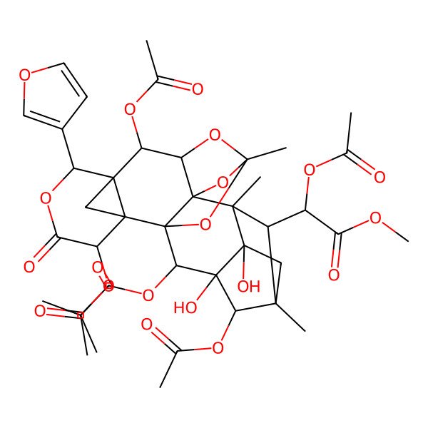 2D Structure of [3,8,18-Triacetyloxy-22-(1-acetyloxy-2-methoxy-2-oxoethyl)-6-(furan-3-yl)-15,19-dihydroxy-11,14,17-trimethyl-4-oxo-5,10,12,21-tetraoxaoctacyclo[9.9.1.12,7.114,17.01,13.02,7.09,13.015,19]tricosan-20-yl] 2-methylpropanoate