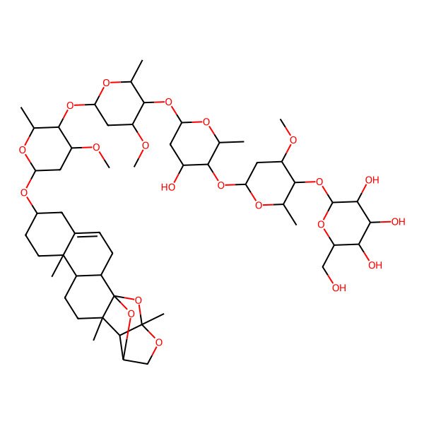 2D Structure of (2S,3R,4S,5S,6R)-2-[(2R,3R,4R,6S)-6-[(2R,3S,4R,6S)-4-hydroxy-6-[(2S,3R,4S,6R)-4-methoxy-6-[(3R,4S,6R)-4-methoxy-2-methyl-6-[[(1S,2R,7S,10R,11S,14R,15R,16R,19S)-10,14,16-trimethyl-17,20,21-trioxahexacyclo[14.4.1.01,14.02,11.05,10.015,19]henicos-4-en-7-yl]oxy]oxan-3-yl]oxy-2-methyloxan-3-yl]oxy-2-methyloxan-3-yl]oxy-4-methoxy-2-methyloxan-3-yl]oxy-6-(hydroxymethyl)oxane-3,4,5-triol