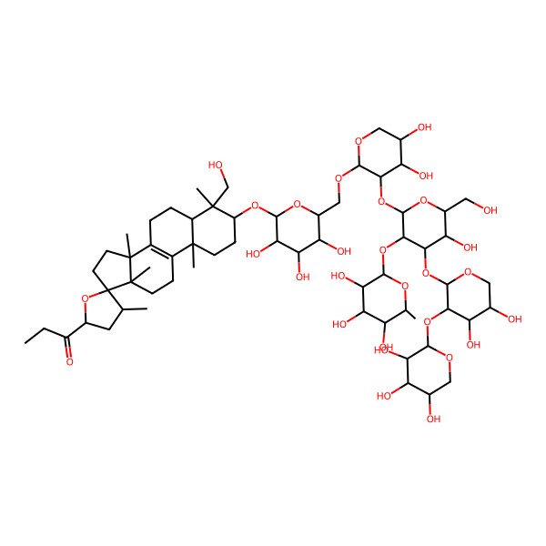 2D Structure of 1-[(2'S,3S,4S,4'R,5S,10R,13R,14R,17R)-3-[(2R,3S,4S,5S,6R)-6-[[(2S,3S,4S,5S)-3-[(2S,3R,4S,5S,6S)-4-[(2R,3R,4S,5R)-4,5-dihydroxy-3-[(2S,3S,4R,5S)-3,4,5-trihydroxyoxan-2-yl]oxyoxan-2-yl]oxy-5-hydroxy-6-(hydroxymethyl)-3-[(2R,3S,4S,5S,6S)-3,4,5-trihydroxy-6-methyloxan-2-yl]oxyoxan-2-yl]oxy-4,5-dihydroxyoxan-2-yl]oxymethyl]-3,4,5-trihydroxyoxan-2-yl]oxy-4-(hydroxymethyl)-4,4',10,13,14-pentamethylspiro[1,2,3,5,6,7,11,12,15,16-decahydrocyclopenta[a]phenanthrene-17,5'-oxolane]-2'-yl]propan-1-one