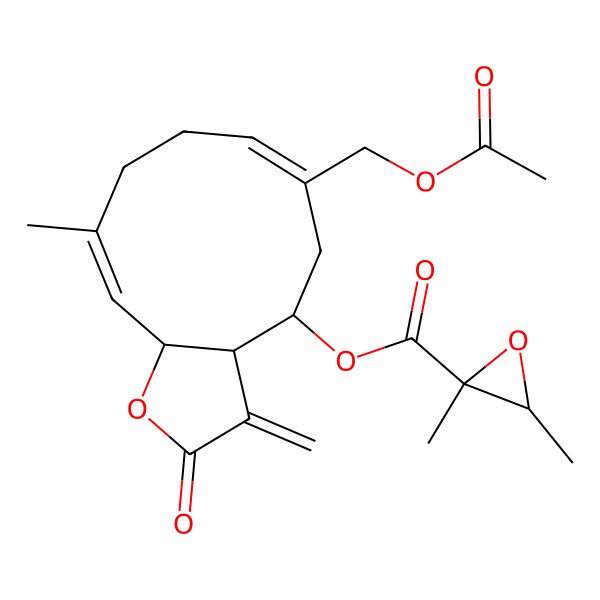 2D Structure of [(3aR,4R,6Z,10Z,11aR)-6-(acetyloxymethyl)-10-methyl-3-methylidene-2-oxo-3a,4,5,8,9,11a-hexahydrocyclodeca[b]furan-4-yl] (2R,3R)-2,3-dimethyloxirane-2-carboxylate
