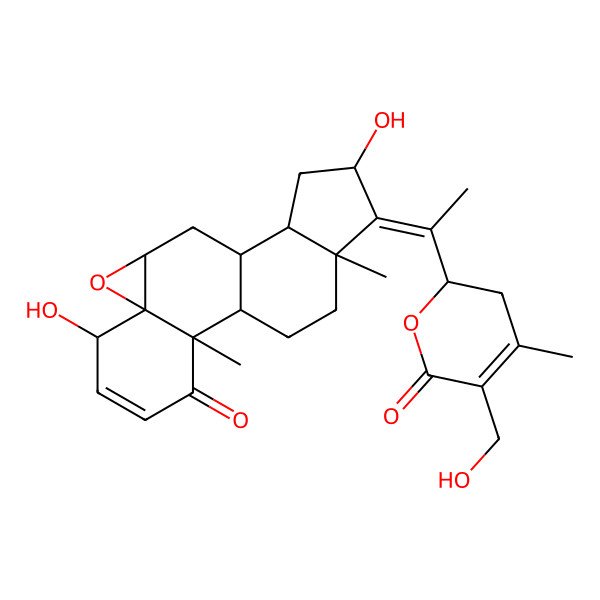 2D Structure of (1S,2R,6S,7R,9R,11S,12S,14S,15Z,16S)-6,14-dihydroxy-15-[1-[(2R)-5-(hydroxymethyl)-4-methyl-6-oxo-2,3-dihydropyran-2-yl]ethylidene]-2,16-dimethyl-8-oxapentacyclo[9.7.0.02,7.07,9.012,16]octadec-4-en-3-one