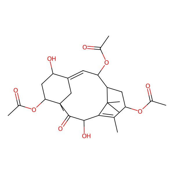 2D Structure of (3,12-Diacetyloxy-9,14-dihydroxy-7,11,16,16-tetramethyl-10-oxo-6-tricyclo[9.3.1.14,8]hexadeca-1,7-dienyl) acetate