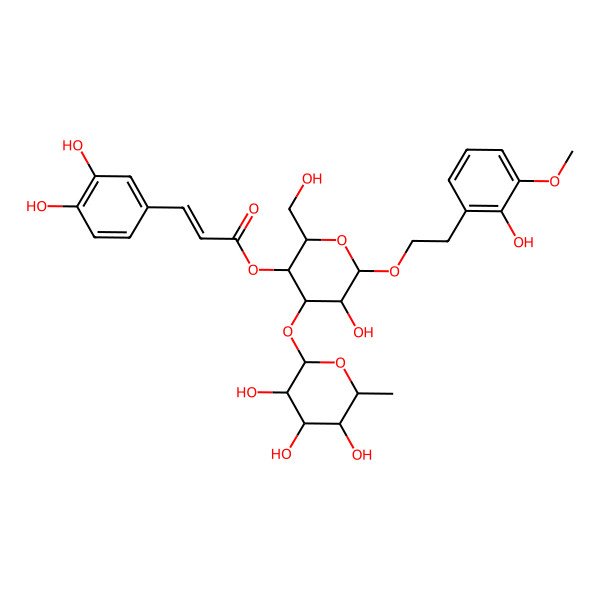 2D Structure of [(2R,3R,4R,5R,6R)-5-hydroxy-6-[2-(2-hydroxy-3-methoxyphenyl)ethoxy]-2-(hydroxymethyl)-4-[(2S,3R,4R,5R,6S)-3,4,5-trihydroxy-6-methyloxan-2-yl]oxyoxan-3-yl] (E)-3-(3,4-dihydroxyphenyl)prop-2-enoate