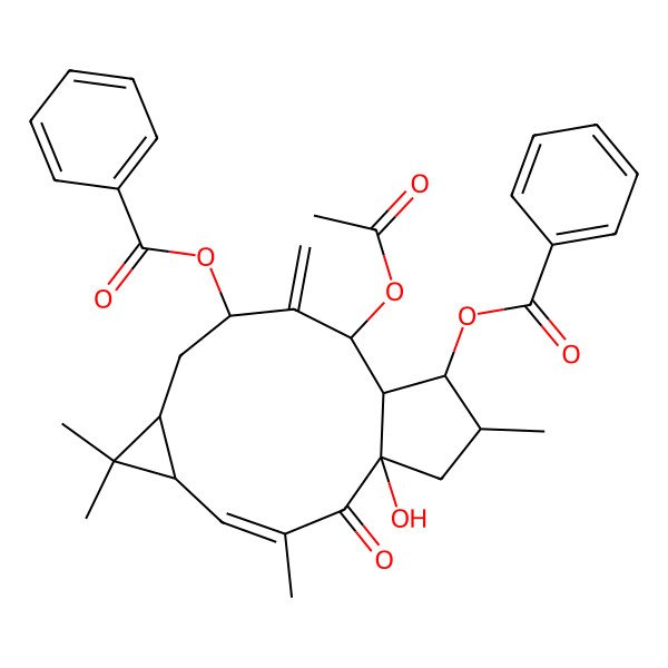2D Structure of (11-Acetyloxy-13-benzoyloxy-1-hydroxy-3,6,6,14-tetramethyl-10-methylidene-2-oxo-9-tricyclo[10.3.0.05,7]pentadec-3-enyl) benzoate