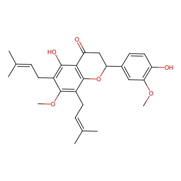 2D Structure of (2S)-5-hydroxy-2-(4-hydroxy-3-methoxyphenyl)-7-methoxy-6,8-bis(3-methylbut-2-enyl)-2,3-dihydrochromen-4-one