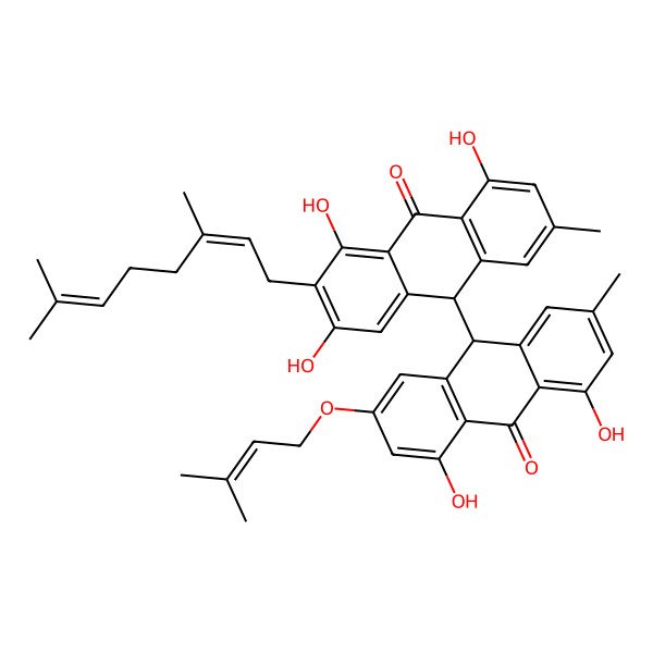 2D Structure of (10R)-10-[(9R)-4,5-dihydroxy-2-methyl-7-(3-methylbut-2-enoxy)-10-oxo-9H-anthracen-9-yl]-2-[(2E)-3,7-dimethylocta-2,6-dienyl]-1,3,8-trihydroxy-6-methyl-10H-anthracen-9-one