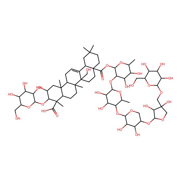 2D Structure of 8a-[3-[5-[5-[3,4-Dihydroxy-4-[[3,4,5-trihydroxy-6-(hydroxymethyl)oxan-2-yl]oxymethyl]oxolan-2-yl]oxy-3,4-dihydroxyoxan-2-yl]oxy-3,4-dihydroxy-6-methyloxan-2-yl]oxy-4,5-dihydroxy-6-methyloxan-2-yl]oxycarbonyl-2-hydroxy-6b-(hydroxymethyl)-4,6a,11,11,14b-pentamethyl-3-[3,4,5-trihydroxy-6-(hydroxymethyl)oxan-2-yl]oxy-1,2,3,4a,5,6,7,8,9,10,12,12a,14,14a-tetradecahydropicene-4-carboxylic acid
