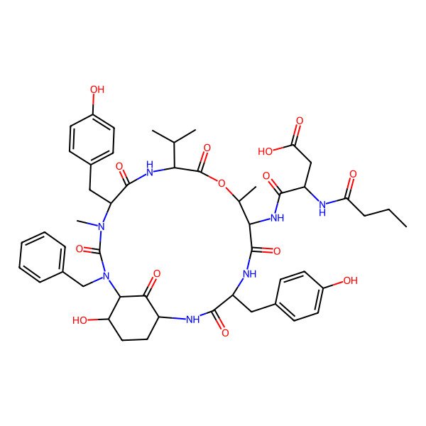 2D Structure of 4-[[2-Benzyl-21-hydroxy-5,15-bis[(4-hydroxyphenyl)methyl]-4,11-dimethyl-3,6,9,13,16,22-hexaoxo-8-propan-2-yl-10-oxa-2,4,7,14,17-pentazabicyclo[16.3.1]docosan-12-yl]amino]-3-(butanoylamino)-4-oxobutanoic acid
