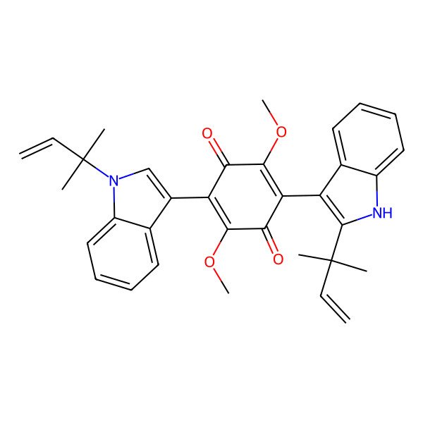 2D Structure of 2,5-dimethoxy-3-[1-(2-methylbut-3-en-2-yl)indol-3-yl]-6-[2-(2-methylbut-3-en-2-yl)-1H-indol-3-yl]cyclohexa-2,5-diene-1,4-dione
