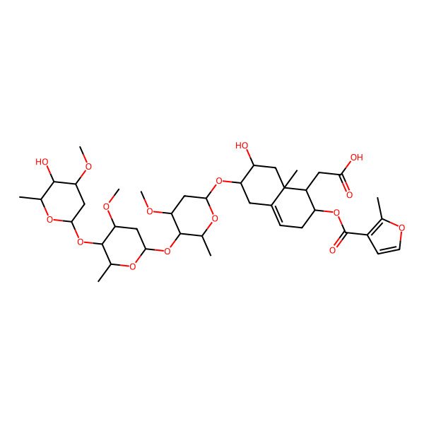 2D Structure of 2-[7-hydroxy-6-[5-[5-(5-hydroxy-4-methoxy-6-methyloxan-2-yl)oxy-4-methoxy-6-methyloxan-2-yl]oxy-4-methoxy-6-methyloxan-2-yl]oxy-8a-methyl-2-(2-methylfuran-3-carbonyl)oxy-2,3,5,6,7,8-hexahydro-1H-naphthalen-1-yl]acetic acid