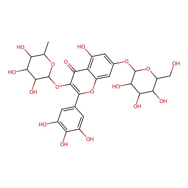 2D Structure of 5-hydroxy-7-[(2S,3R,4S,5S,6S)-3,4,5-trihydroxy-6-(hydroxymethyl)oxan-2-yl]oxy-3-[(2S,3S,4R,5R,6S)-3,4,5-trihydroxy-6-methyloxan-2-yl]oxy-2-(3,4,5-trihydroxyphenyl)chromen-4-one