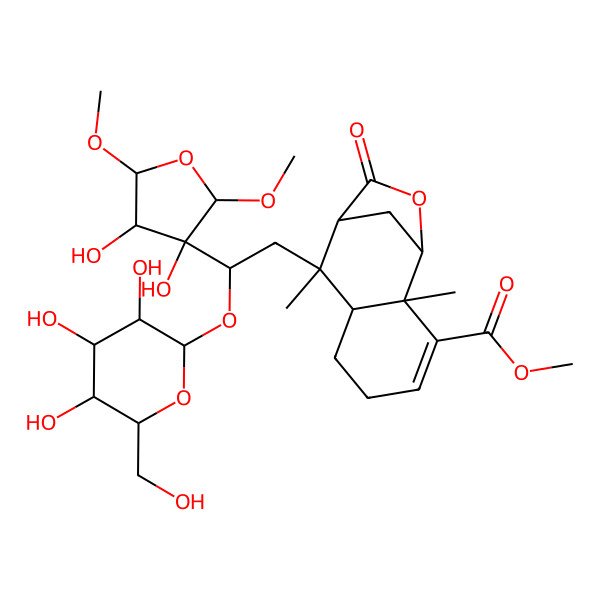 2D Structure of methyl (1S,2R,7S,8S,9R)-8-[2-(3,4-dihydroxy-2,5-dimethoxyoxolan-3-yl)-2-[(2S,3R,4S,5S,6R)-3,4,5-trihydroxy-6-(hydroxymethyl)oxan-2-yl]oxyethyl]-2,8-dimethyl-10-oxo-11-oxatricyclo[7.2.1.02,7]dodec-3-ene-3-carboxylate