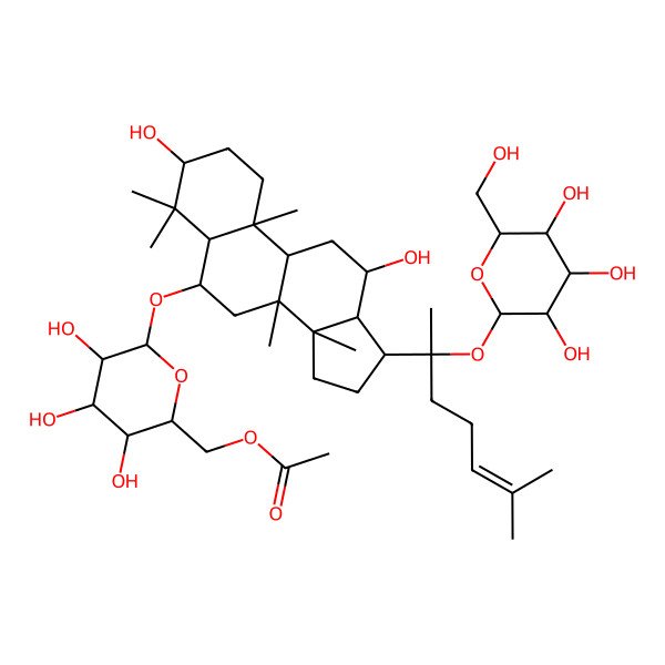 2D Structure of [6-[[3,12-dihydroxy-4,4,8,10,14-pentamethyl-17-[6-methyl-2-[3,4,5-trihydroxy-6-(hydroxymethyl)oxan-2-yl]oxyhept-5-en-2-yl]-2,3,5,6,7,9,11,12,13,15,16,17-dodecahydro-1H-cyclopenta[a]phenanthren-6-yl]oxy]-3,4,5-trihydroxyoxan-2-yl]methyl acetate