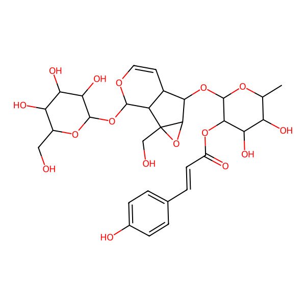 2D Structure of [(2R,3S,4R,5S,6S)-4,5-dihydroxy-2-[[(1S,2S,4S,5S,6S,10S)-2-(hydroxymethyl)-10-[(2S,3R,4S,5S,6S)-3,4,5-trihydroxy-6-(hydroxymethyl)oxan-2-yl]oxy-3,9-dioxatricyclo[4.4.0.02,4]dec-7-en-5-yl]oxy]-6-methyloxan-3-yl] (E)-3-(4-hydroxyphenyl)prop-2-enoate