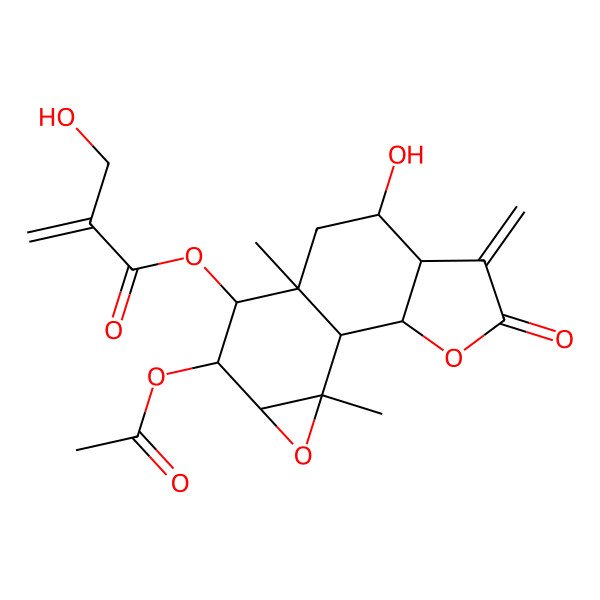 2D Structure of (11-Acetyloxy-7-hydroxy-9,14-dimethyl-5-methylidene-4-oxo-3,13-dioxatetracyclo[7.5.0.02,6.012,14]tetradecan-10-yl) 2-(hydroxymethyl)prop-2-enoate