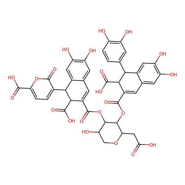 2D Structure of 5-[(1R,2R)-2-carboxy-3-[(2S,3S,4S,5S)-3-[(3S,4R)-3-carboxy-4-(3,4-dihydroxyphenyl)-6,7-dihydroxy-3,4-dihydronaphthalene-2-carbonyl]oxy-2-(carboxymethyl)-5-hydroxyoxan-4-yl]oxycarbonyl-6,7-dihydroxy-1,2-dihydronaphthalen-1-yl]-6-oxopyran-2-carboxylic acid