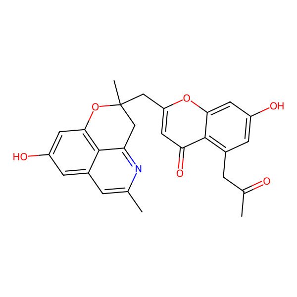 2D Structure of 7-hydroxy-2-[[(3R)-11-hydroxy-3,7-dimethyl-2-oxa-6-azatricyclo[7.3.1.05,13]trideca-1(13),5,7,9,11-pentaen-3-yl]methyl]-5-(2-oxopropyl)chromen-4-one