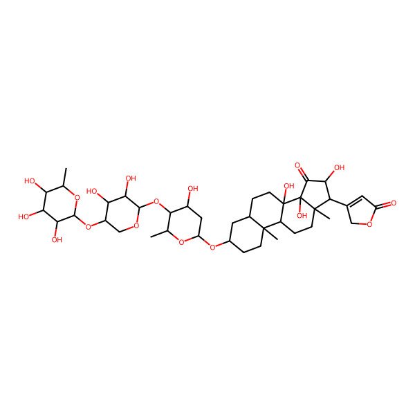 2D Structure of 3-[(3S,5S,8S,9R,10S,13R,14R,16S,17R)-3-[(2R,4S,5S,6R)-5-[(2S,3R,4R,5R)-3,4-dihydroxy-5-[(2S,3R,4R,5R,6S)-3,4,5-trihydroxy-6-methyloxan-2-yl]oxyoxan-2-yl]oxy-4-hydroxy-6-methyloxan-2-yl]oxy-8,14,16-trihydroxy-10,13-dimethyl-15-oxo-1,2,3,4,5,6,7,9,11,12,16,17-dodecahydrocyclopenta[a]phenanthren-17-yl]-2H-furan-5-one