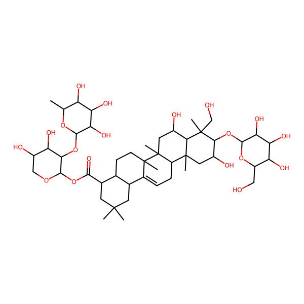 2D Structure of [(2S,3R,4S,5S)-4,5-dihydroxy-3-[(2S,3R,4R,5R,6S)-3,4,5-trihydroxy-6-methyloxan-2-yl]oxyoxan-2-yl] (4R,4aR,6aR,6aS,6bR,8R,8aR,9R,10R,11S,12aR,14bR)-8,11-dihydroxy-9-(hydroxymethyl)-2,2,6a,6b,9,12a-hexamethyl-10-[(2R,3R,4S,5S,6R)-3,4,5-trihydroxy-6-(hydroxymethyl)oxan-2-yl]oxy-3,4,4a,5,6,6a,7,8,8a,10,11,12,13,14b-tetradecahydro-1H-picene-4-carboxylate