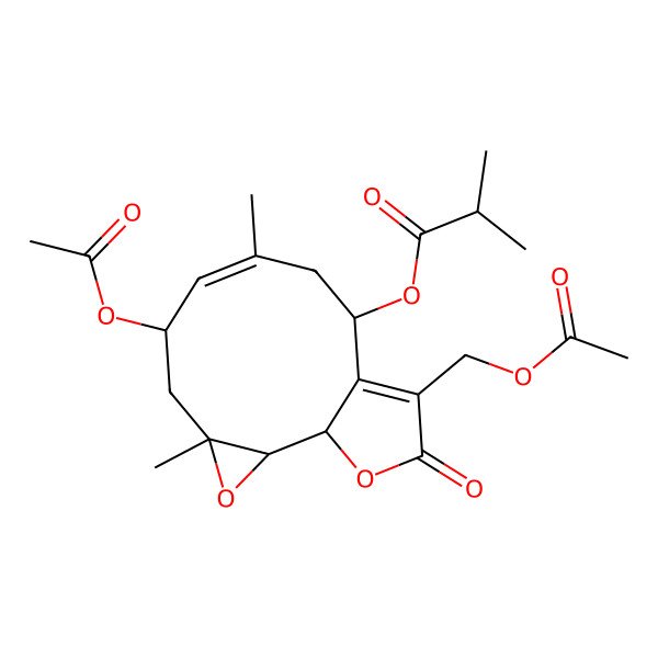 2D Structure of [(1S,2S,4R,6R,7E,10S)-6-acetyloxy-12-(acetyloxymethyl)-4,8-dimethyl-13-oxo-3,14-dioxatricyclo[9.3.0.02,4]tetradeca-7,11-dien-10-yl] 2-methylpropanoate