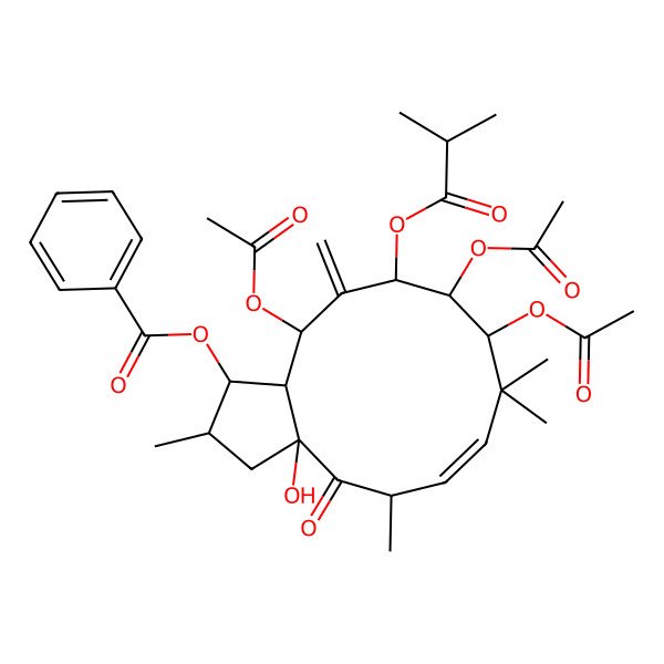 2D Structure of [(1S,2S,3aR,5S,6E,9S,10S,11S,13R,13aR)-9,10,13-triacetyloxy-3a-hydroxy-2,5,8,8-tetramethyl-12-methylidene-11-(2-methylpropanoyloxy)-4-oxo-2,3,5,9,10,11,13,13a-octahydro-1H-cyclopenta[12]annulen-1-yl] benzoate