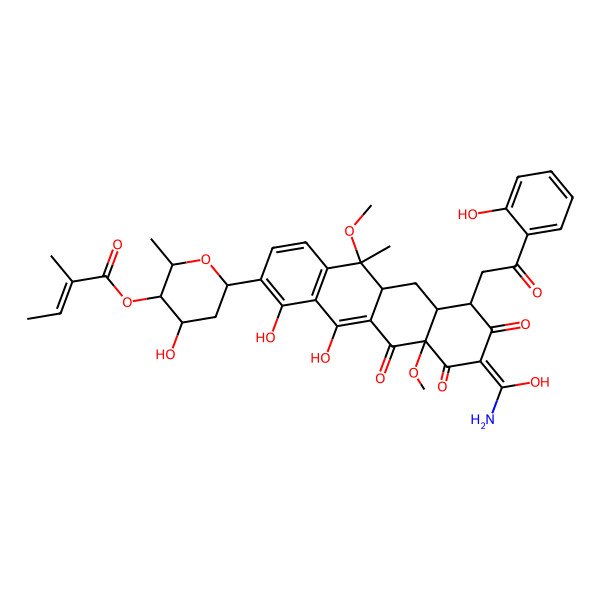 2D Structure of [(2R,3S,4R)-6-[(5R,7R,9Z)-9-[amino(hydroxy)methylidene]-1,12-dihydroxy-7-[2-(2-hydroxyphenyl)-2-oxoethyl]-5,10a-dimethoxy-5-methyl-8,10,11-trioxo-5a,6,6a,7-tetrahydrotetracen-2-yl]-4-hydroxy-2-methyloxan-3-yl] (Z)-2-methylbut-2-enoate