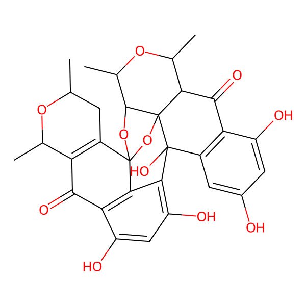 2D Structure of 11,13,16,18,20-Pentahydroxy-5,7,24,26-tetramethyl-2,6,25,30-tetraoxaoctacyclo[15.11.1.11,4.03,8.03,16.010,15.021,29.023,28]triaconta-10(15),11,13,17,19,21(29),23(28)-heptaene-9,22-dione