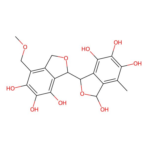2D Structure of 7-Methyl-3-[5,6,7-trihydroxy-4-(methoxymethyl)-1,3-dihydro-2-benzofuran-1-yl]-1,3-dihydro-2-benzofuran-1,4,5,6-tetrol