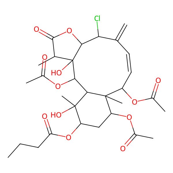 2D Structure of [(1S,2S,3R,4R,7R,8S,10Z,12S,13R,14S,16R,17S)-2,12,14-triacetyloxy-8-chloro-3,17-dihydroxy-4,13,17-trimethyl-9-methylidene-5-oxo-6-oxatricyclo[11.4.0.03,7]heptadec-10-en-16-yl] butanoate
